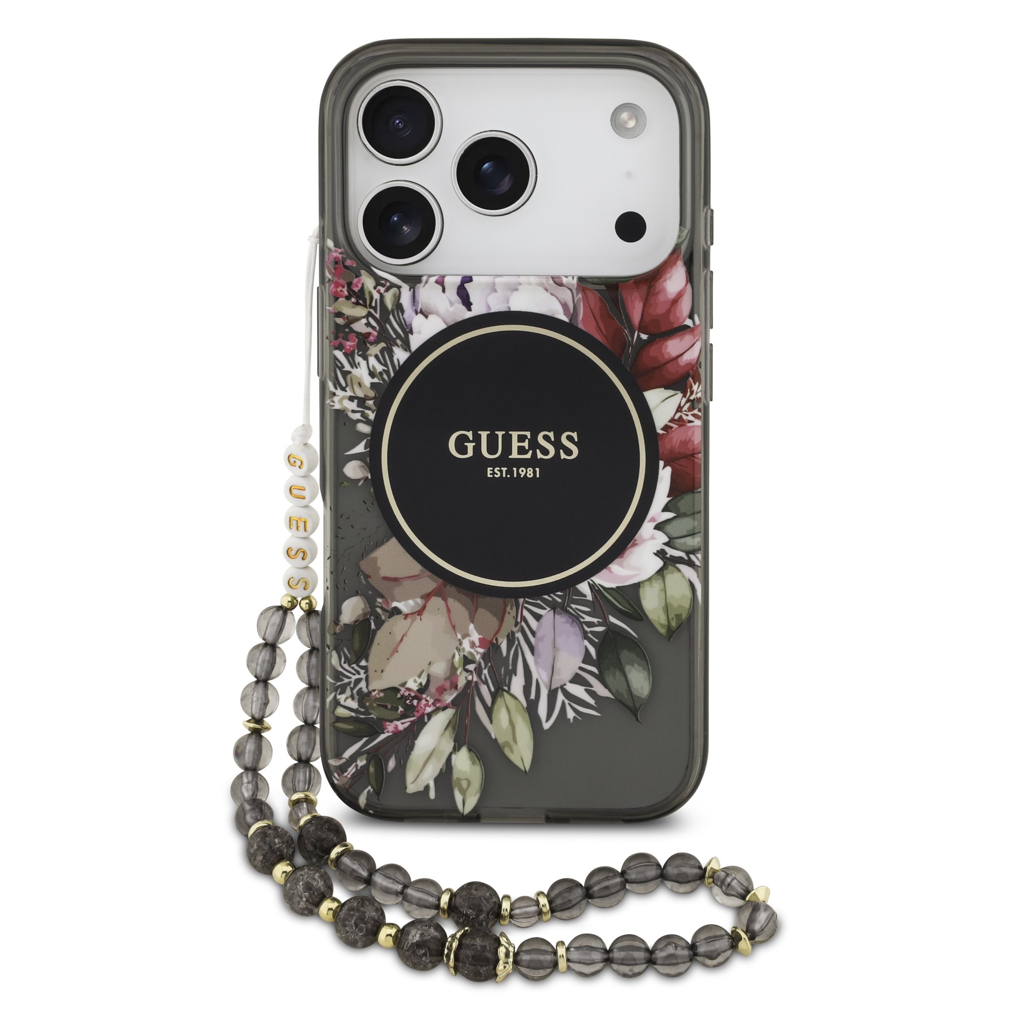 GUESS Case Apple iPhone 17 Pro, IML Flowers Allover MagSafe + Wrist Strap /black/ - GUHMP17LHFWBRCESK