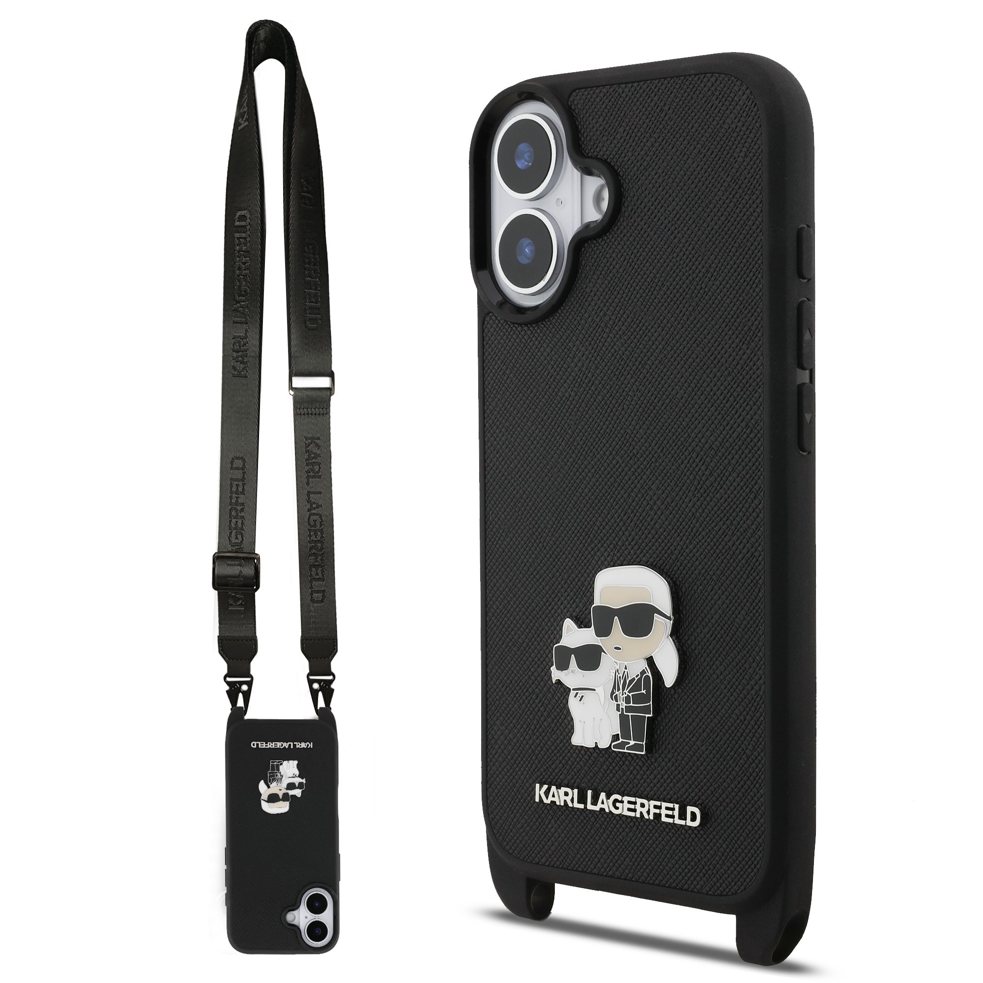 Karl Lagerfeld Case Apple iPhone 17, Saffiano Metal K/C + Crossbody Strap /black/ - KLHCP17SSAKCPBK
