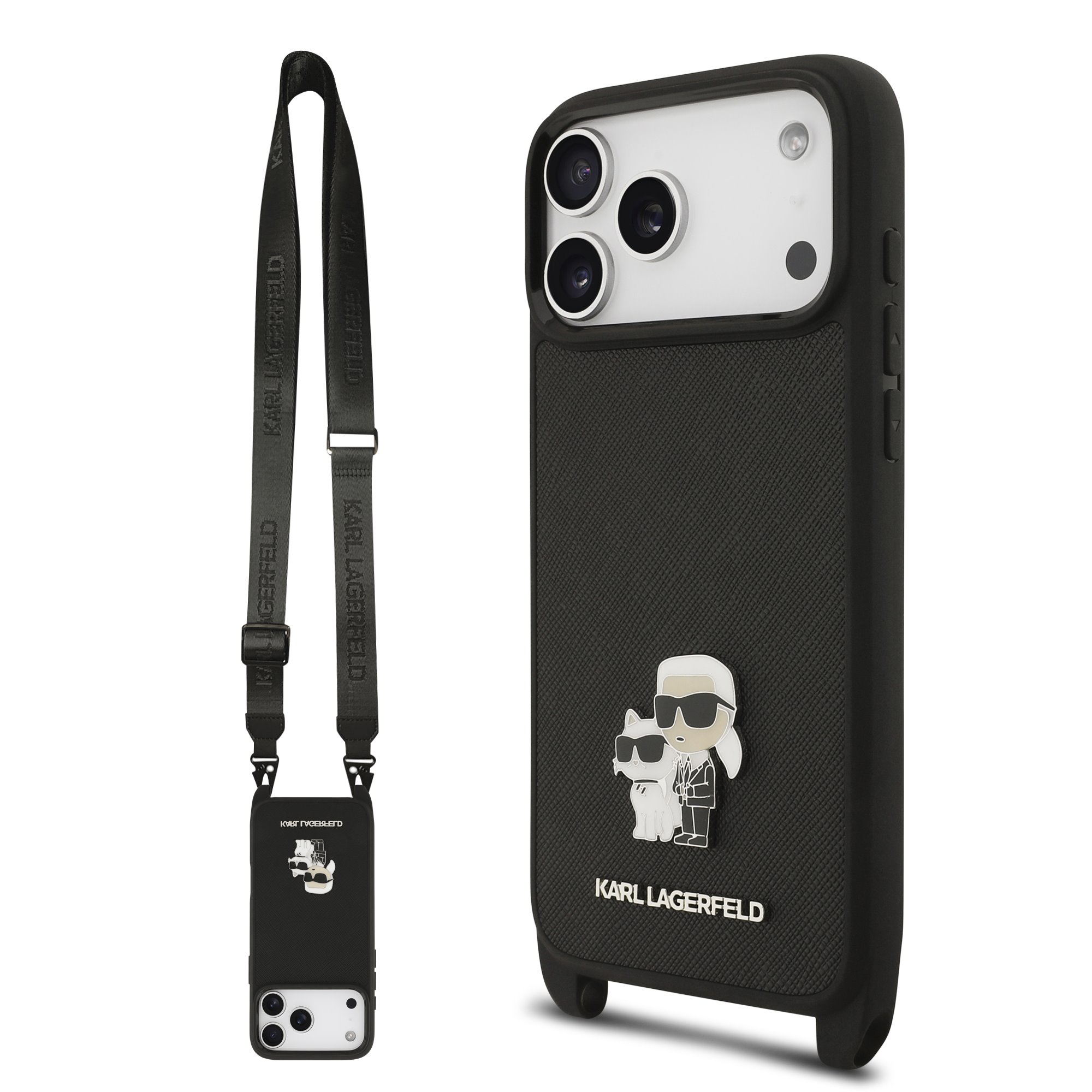 Karl Lagerfeld Case Apple iPhone 17 Pro Max, Saffiano Metal K/C + Crossbody Strap /black/ - KLHCP17XSAKCPBK
