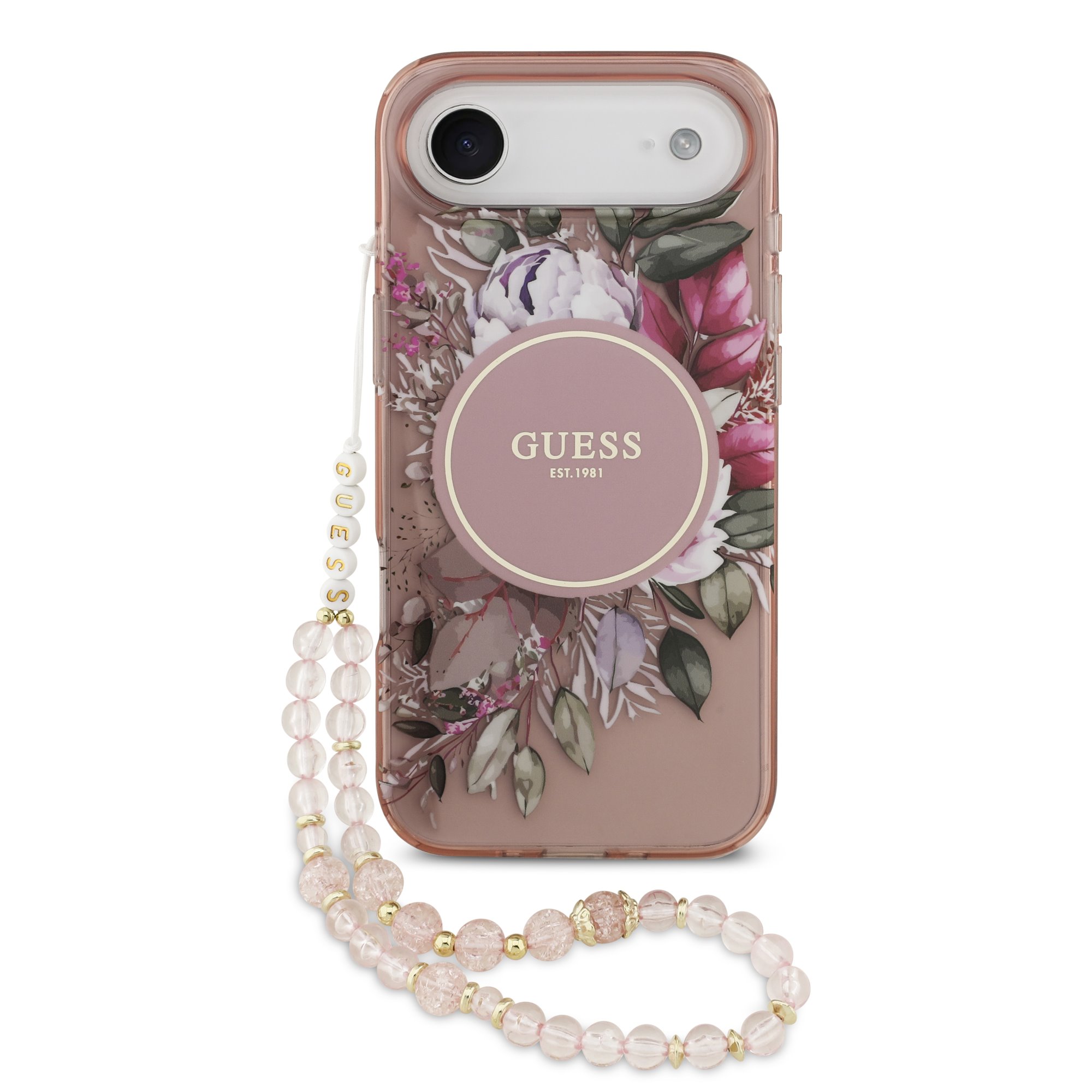 GUESS Калъф Apple iPhone 17 Air, IML Flowers Allover MagSafe + Wrist Strap, розов - GUHMP17MHFWBRCESP