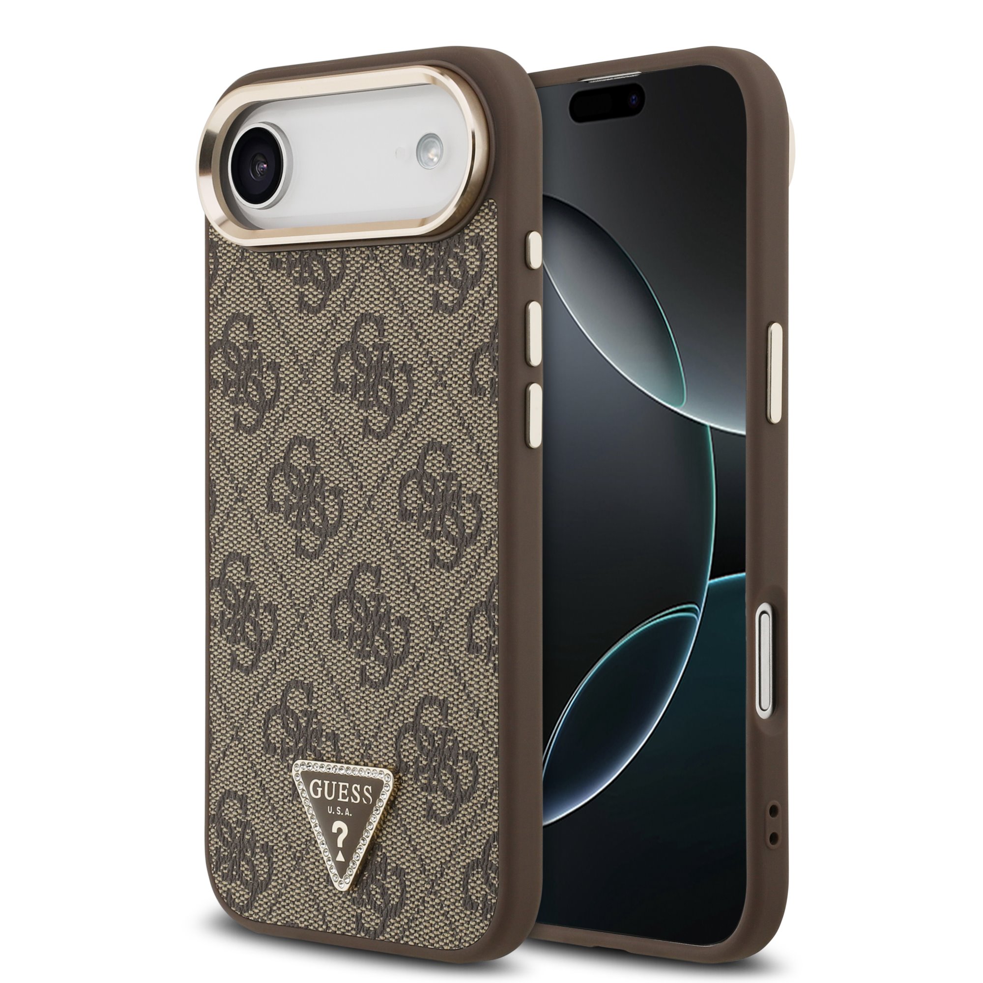 GUESS Калъф Apple iPhone 17 Air, PU Leather 4G Strass Triangle Logo Gold Frame MagSafe, кафяв - GUHMP17MP4GTDGMW