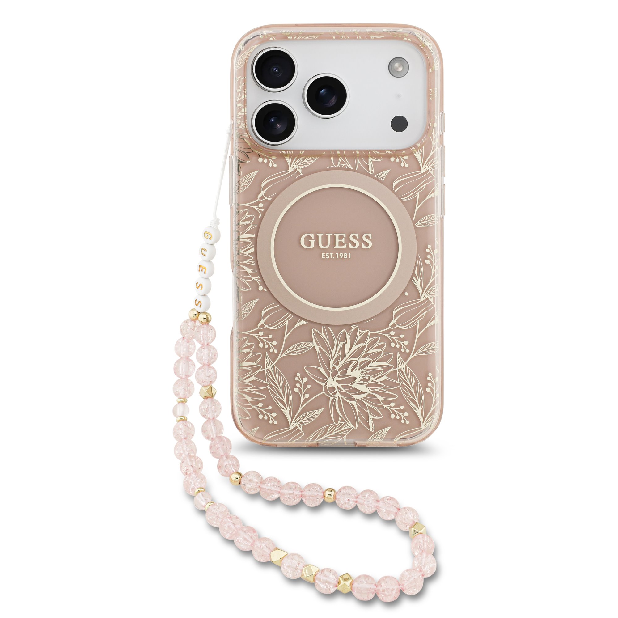 GUESS Калъф Apple iPhone 17 Pro, IML Flowers Allover MagSafe + Wrist Strap, розов - GUHMP17LHCPOFPP