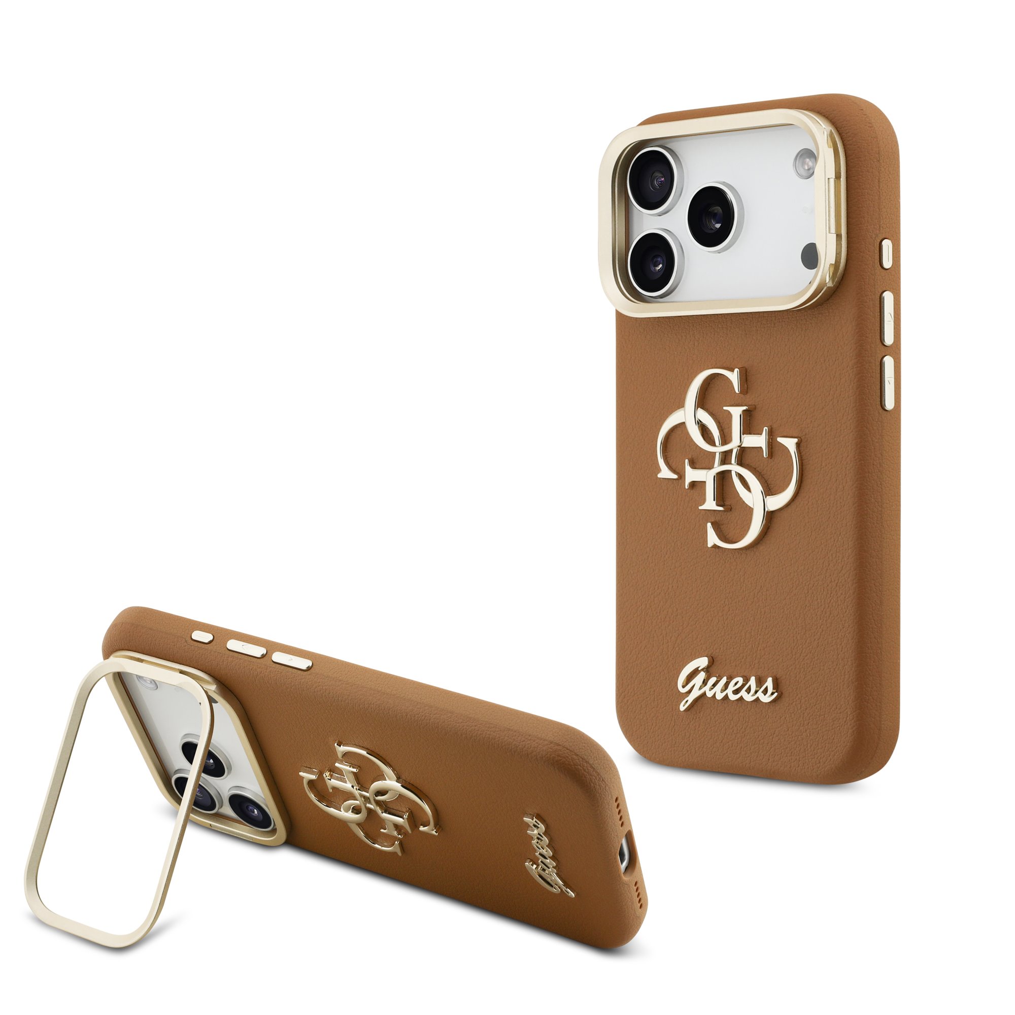 GUESS Калъф Apple iPhone 17 Pro Max, PU Grained 4G Logo Stand Camera Frame, кафяв - GUHCP17XPCS4GSW