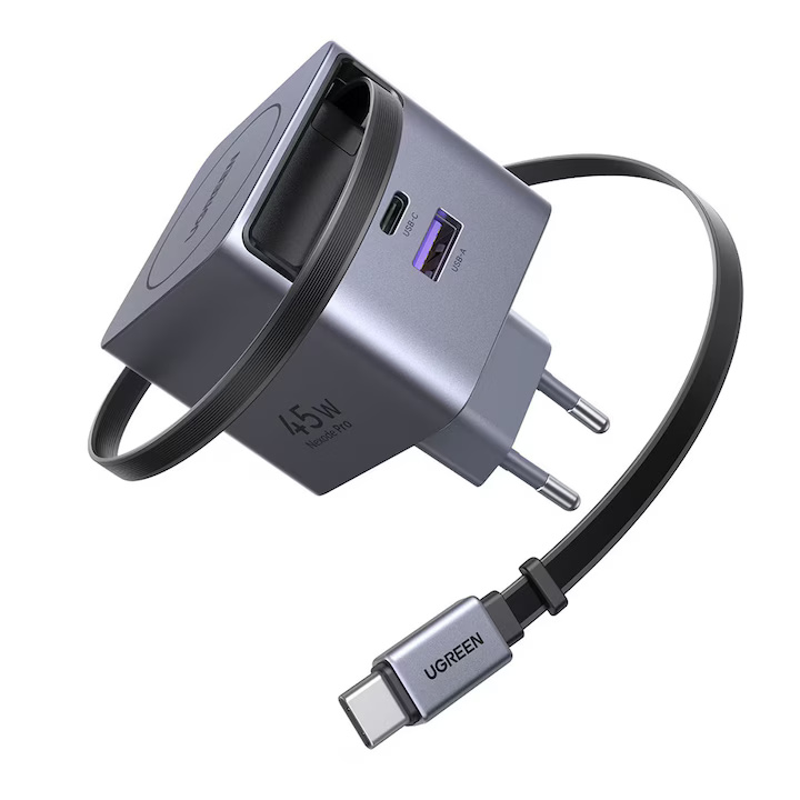 UGREEN 220V 45W, USB-A + USB-C + кабел C, GaN /графит/ - X614 / 65822