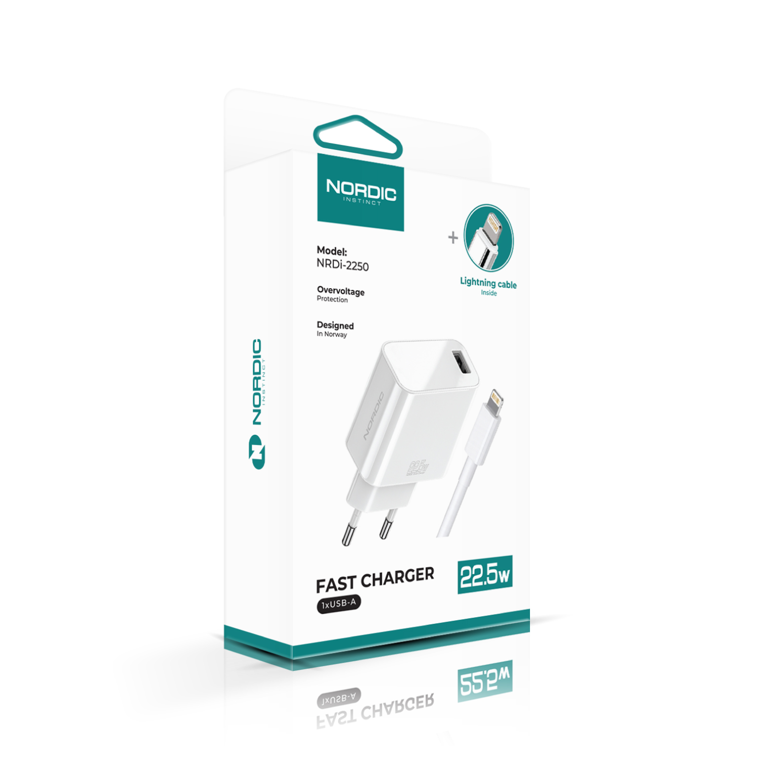 NORDIC 220V 22.5W, 1A + кабел USB-A - Lightning /бял/ - NRDi-2250
