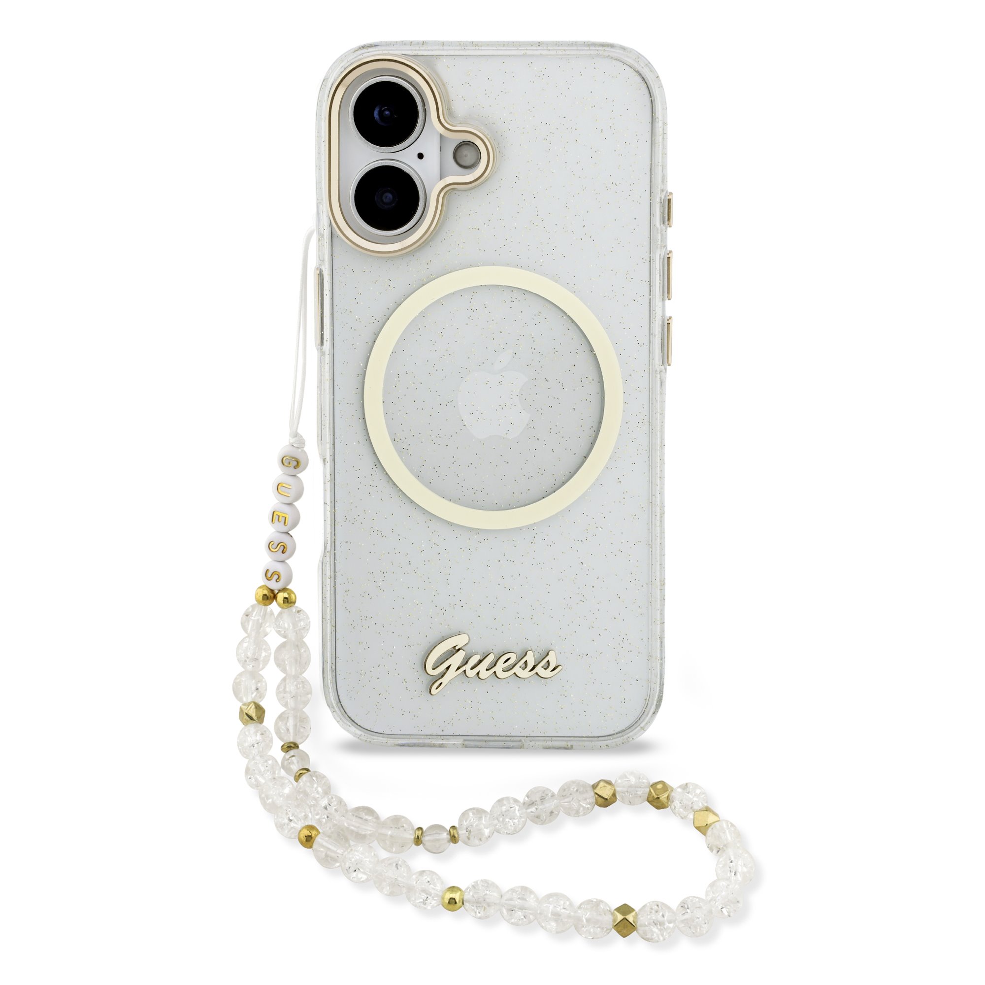 GUESS Калъф Apple iPhone 17, Glitter Script Strap MagSafe + Wrist strap /прозрачен/- GUHMP17S5HTGSMSH