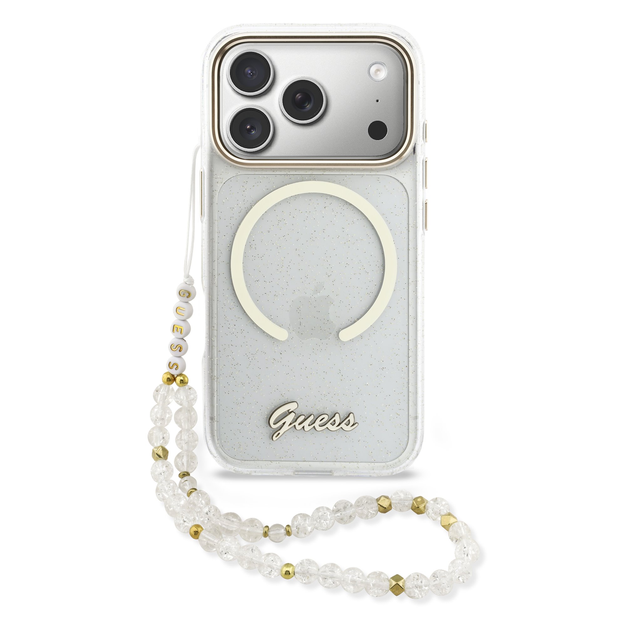 GUESS Калъф Apple iPhone 17 Pro Max, Glitter Script Strap MagSafe + Wrist strap /прозрачен/- GUHMP17X5HTGSMSH