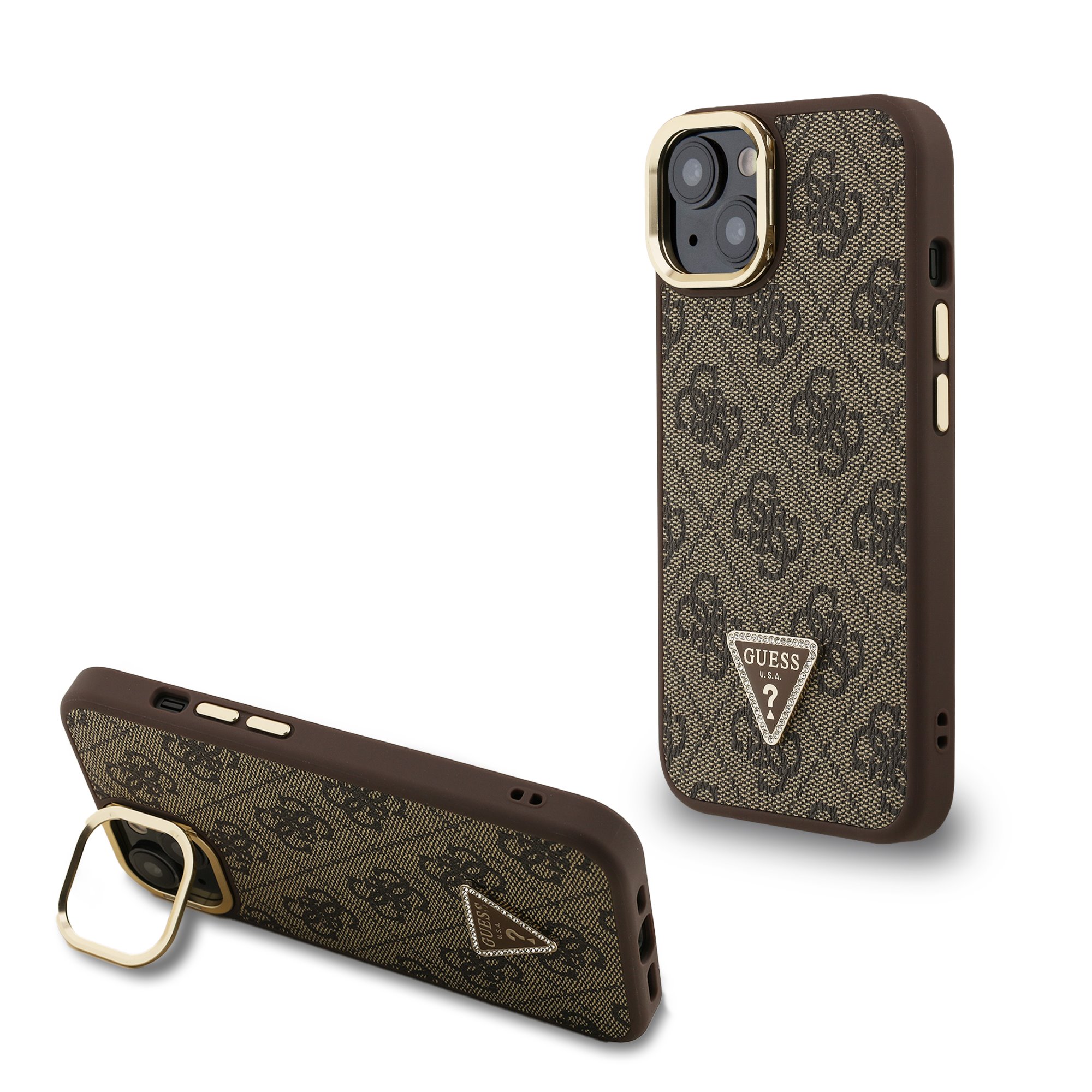GUESS Калъф Apple iPhone 14,PU 4G Strass Triangle Logo Stand Camera Frame MagSafe, /кафяв/ - GUHMP14SPCS4GPTW