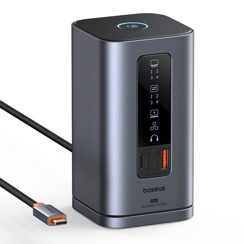 BASEUS Хъб 11-в-1 Spacemate от Type-C към 2xUSB3.0+1xUSB2.0+2xHDMI 4K+USB-C(PD)100W+USB-C(data)+2xDP+RJ45+AUX/m/3.5mm /сив/ - B00568101813-00