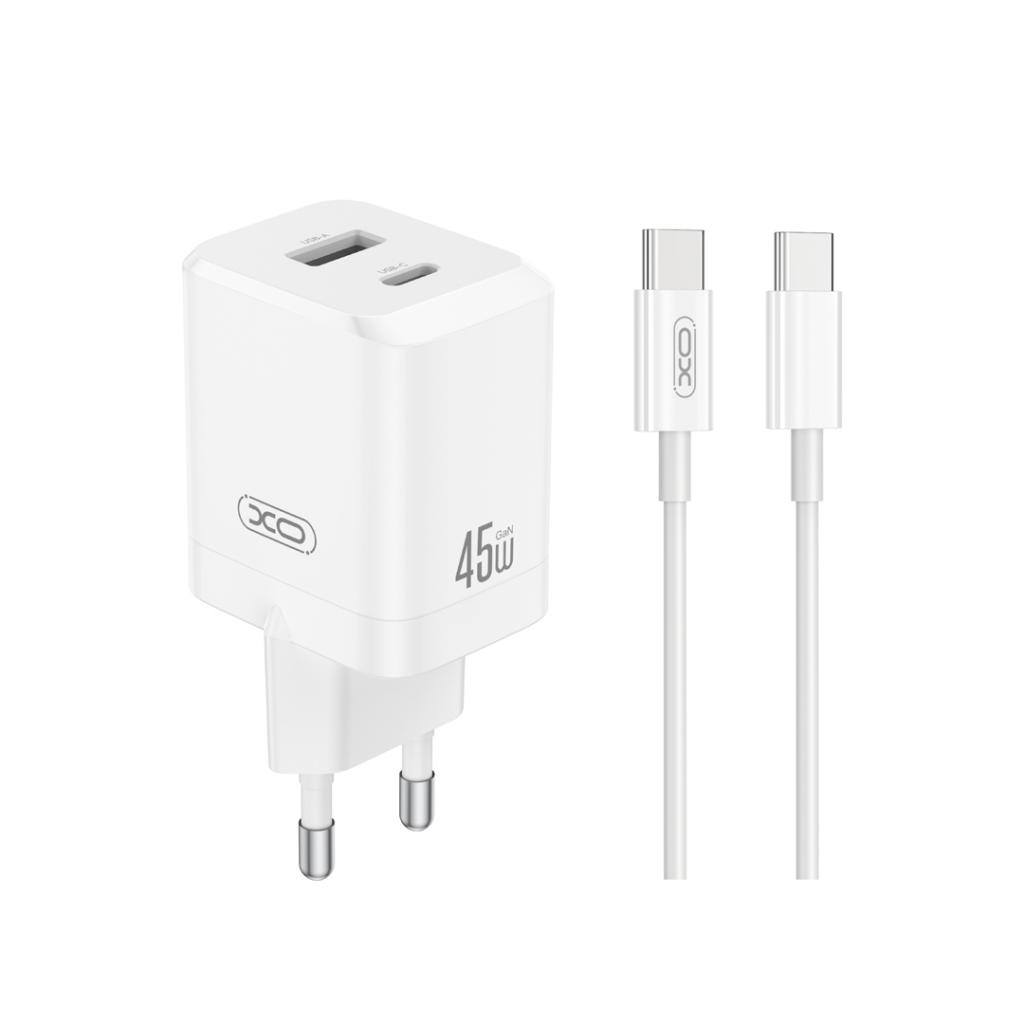 XO 220V 45W, USB-A + USB-C, кабел Type-C - Type-C, GaN, EU сертифицирано /бял/ - CE36