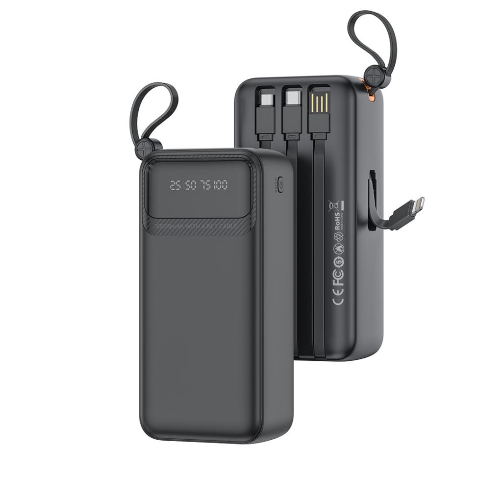 XO Power Bank 30000 mAh, 10W, Digital display + 4 вградени кабела: L + C + M + А /черен/ - PR280