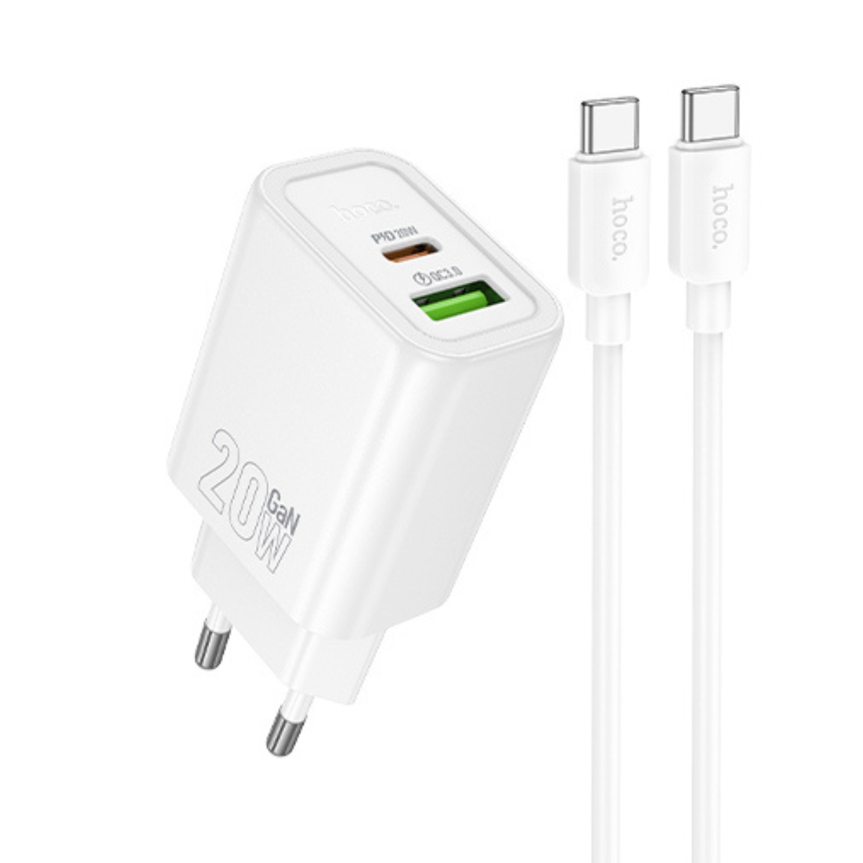 HOCO 220V 20W, USB-A + USB-C + кабел Type-C - Type-C, Gentle /бял/ - N61