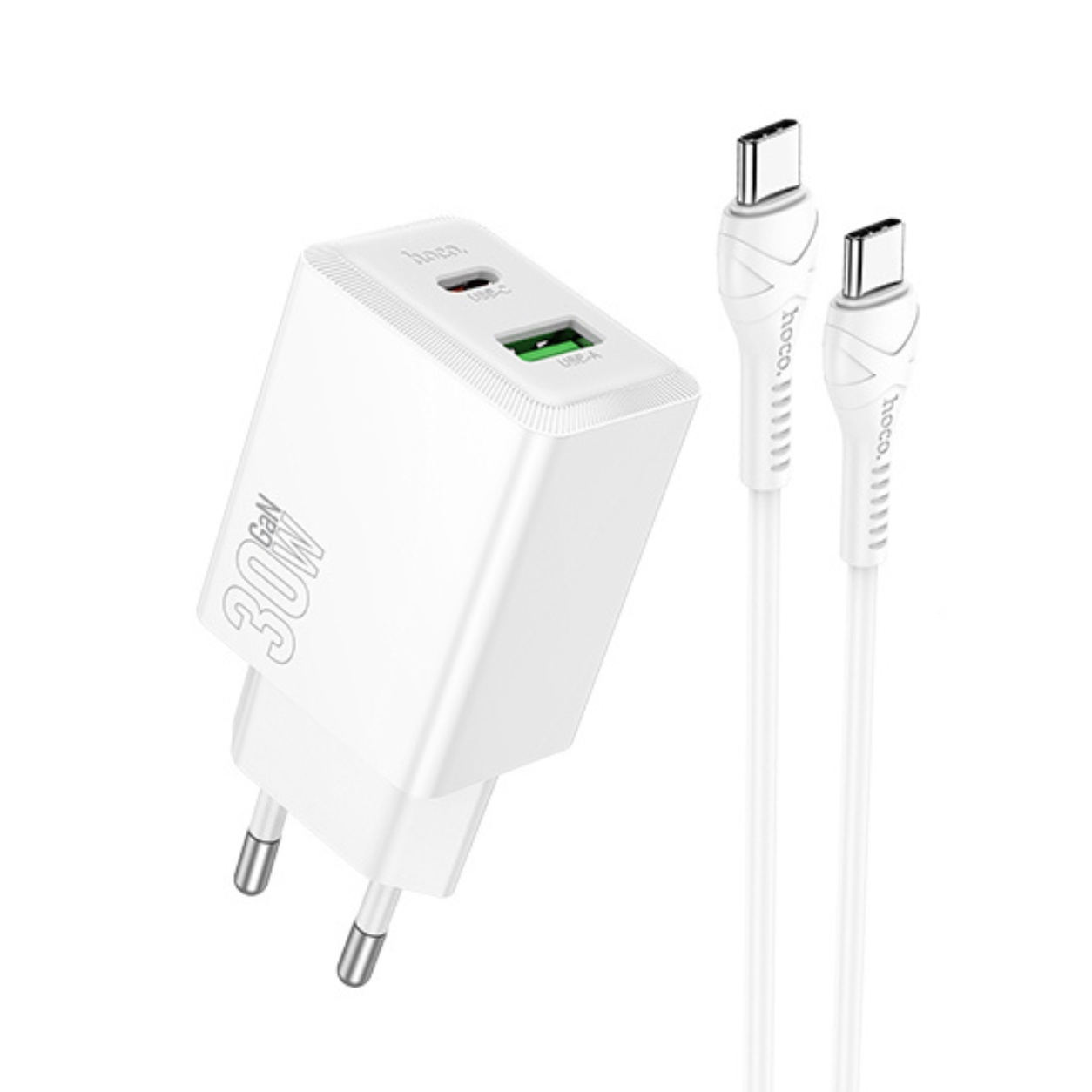 HOCO 220V 30W, USB-A + USB-C + кабел Type-C - Type-C, Nuevo /бял/ - N71