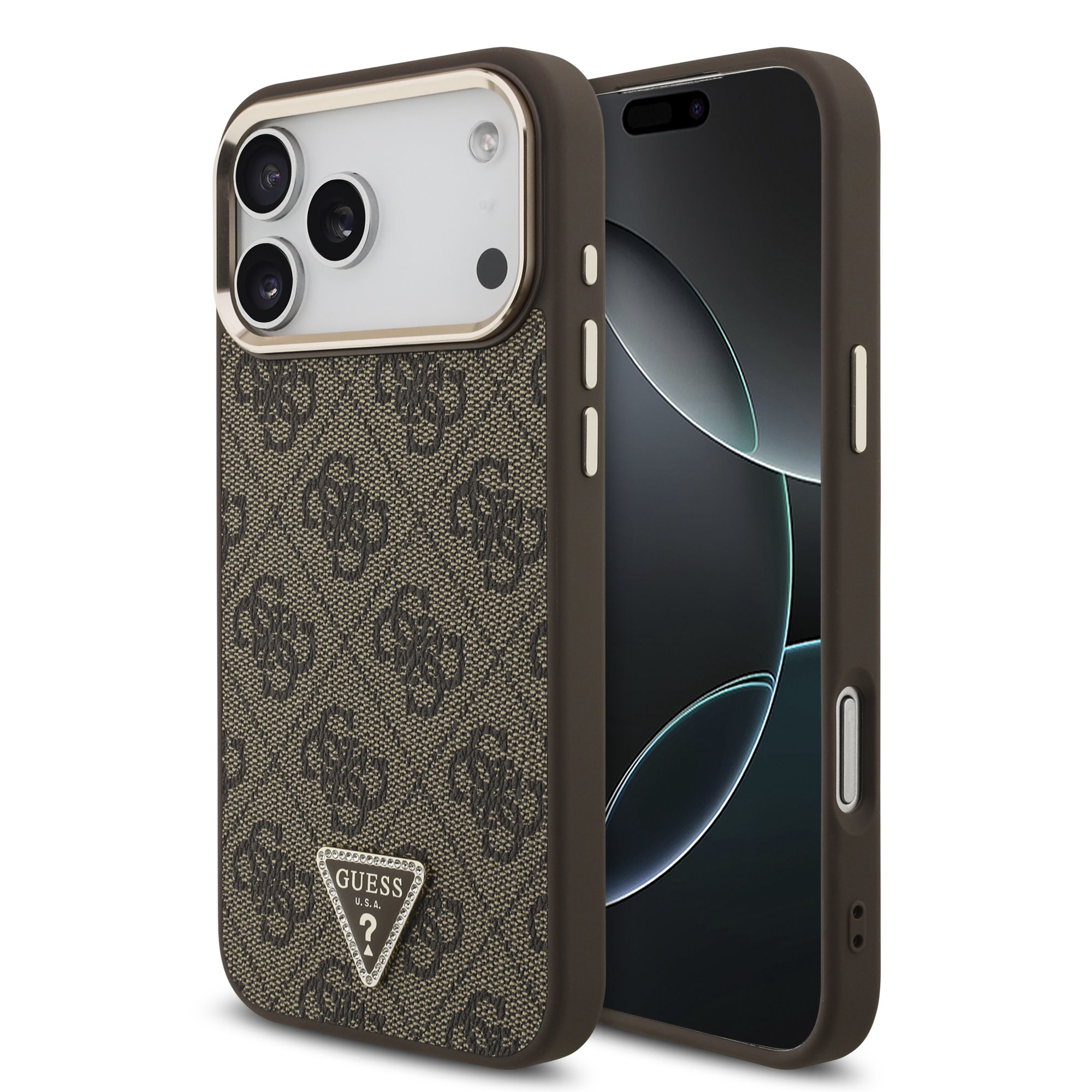 GUESS Калъф Apple iPhone 18 Pro Max, PU 4G Strass Triangle Logo Gold Frame MagSafe ,кафяв - GUHMP18XP4GTDGMW