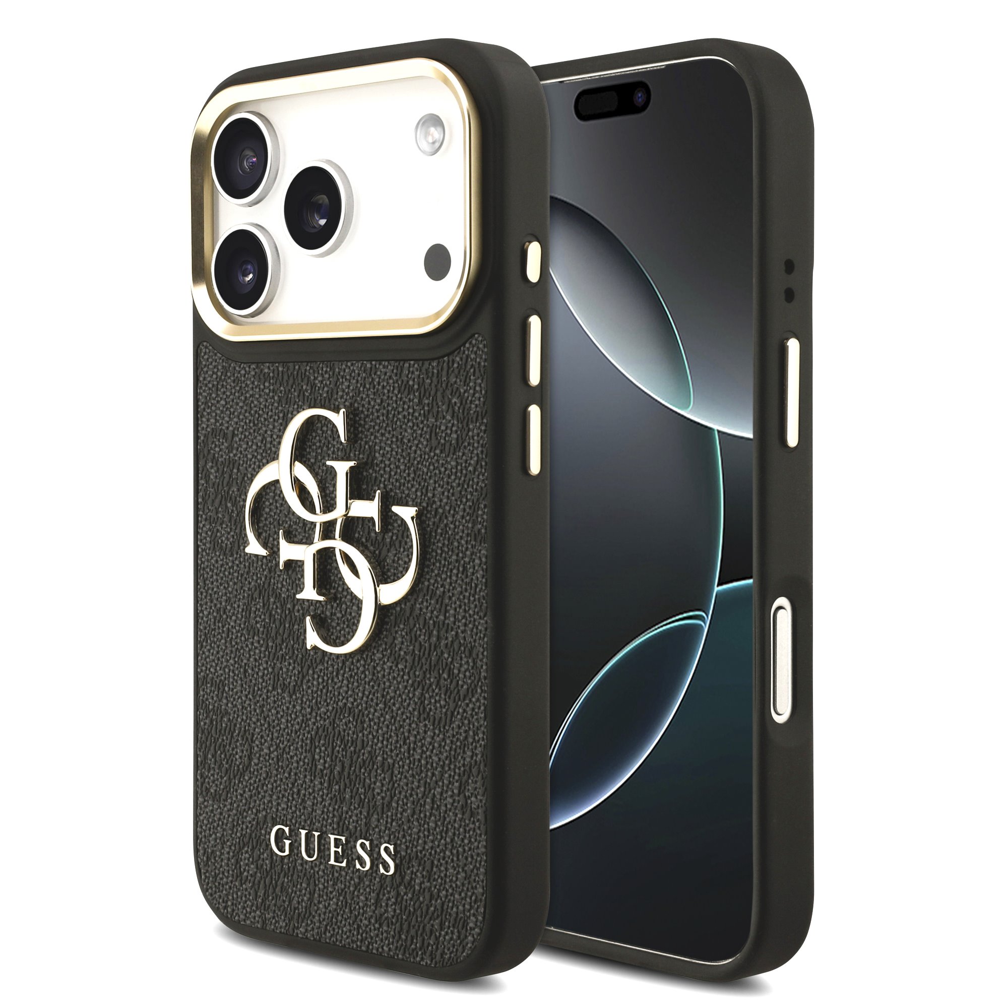 GUESS Калъф Apple iPhone 18 Pro Max, PU Leather 4G Metal Logo Gold Frame, черен - GUHCP18X4GMGCGR
