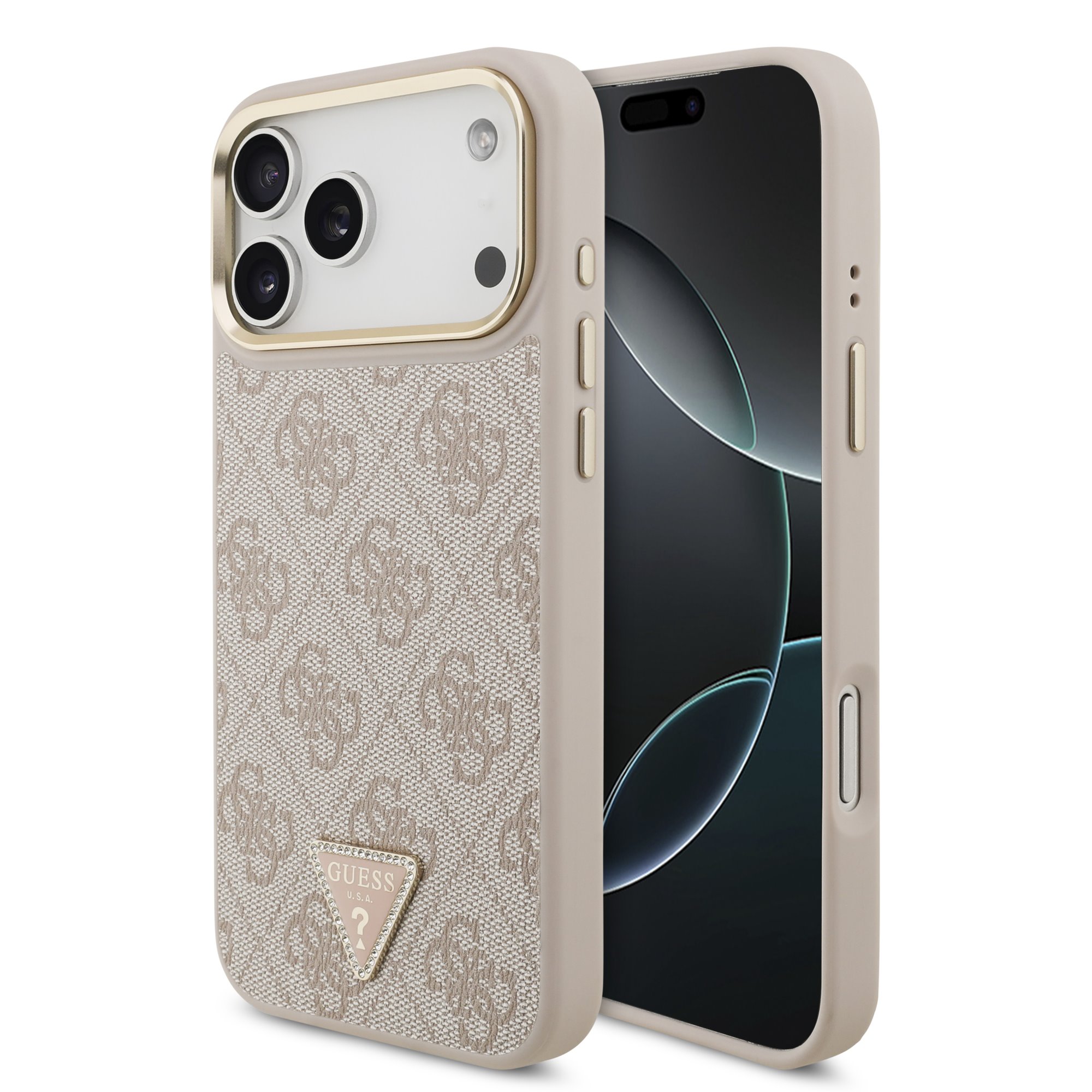 GUESS Калъф Apple iPhone 18 Pro, PU 4G Strass Triangle Logo Gold Frame MagSafe, розов - GUHMP18LP4GTDGMP