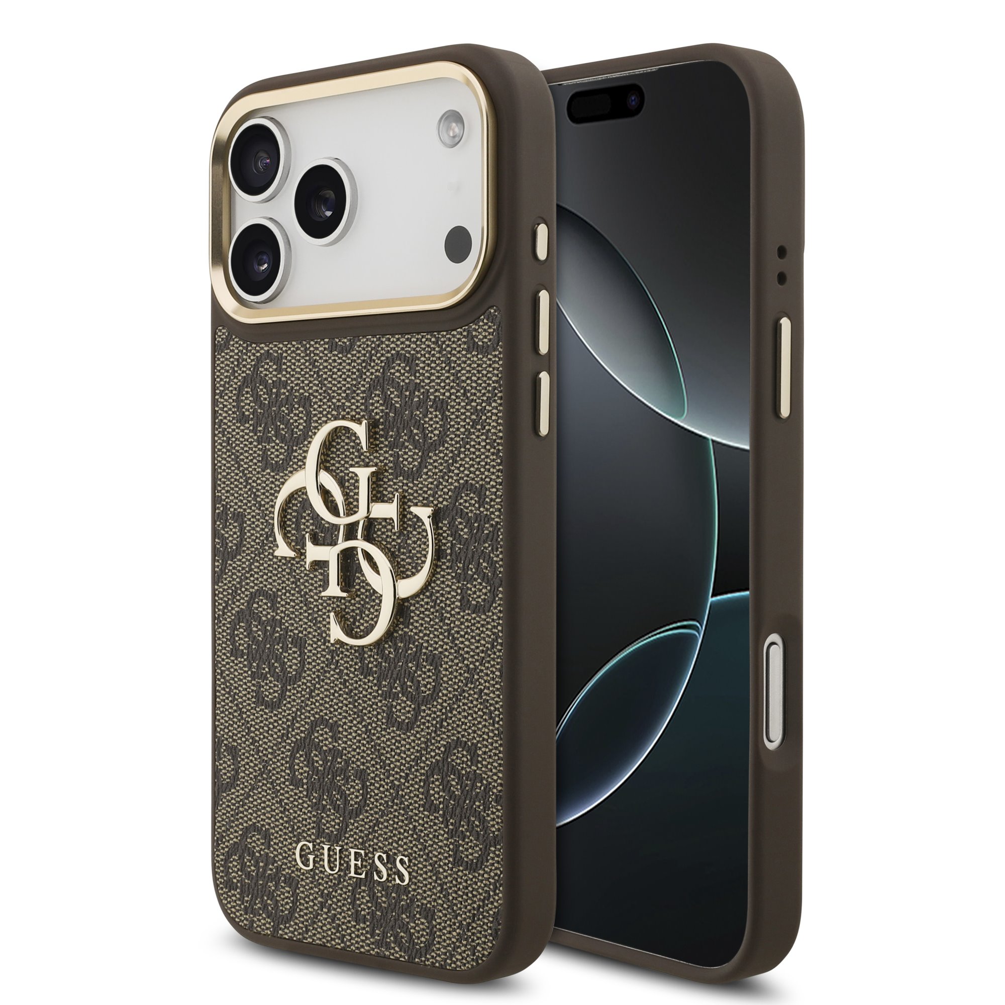 GUESS Калъф Apple iPhone 18 Pro Max, PU Leather 4G Metal Logo Gold Frame, кафяв - GUHCP18X4GMGCBR