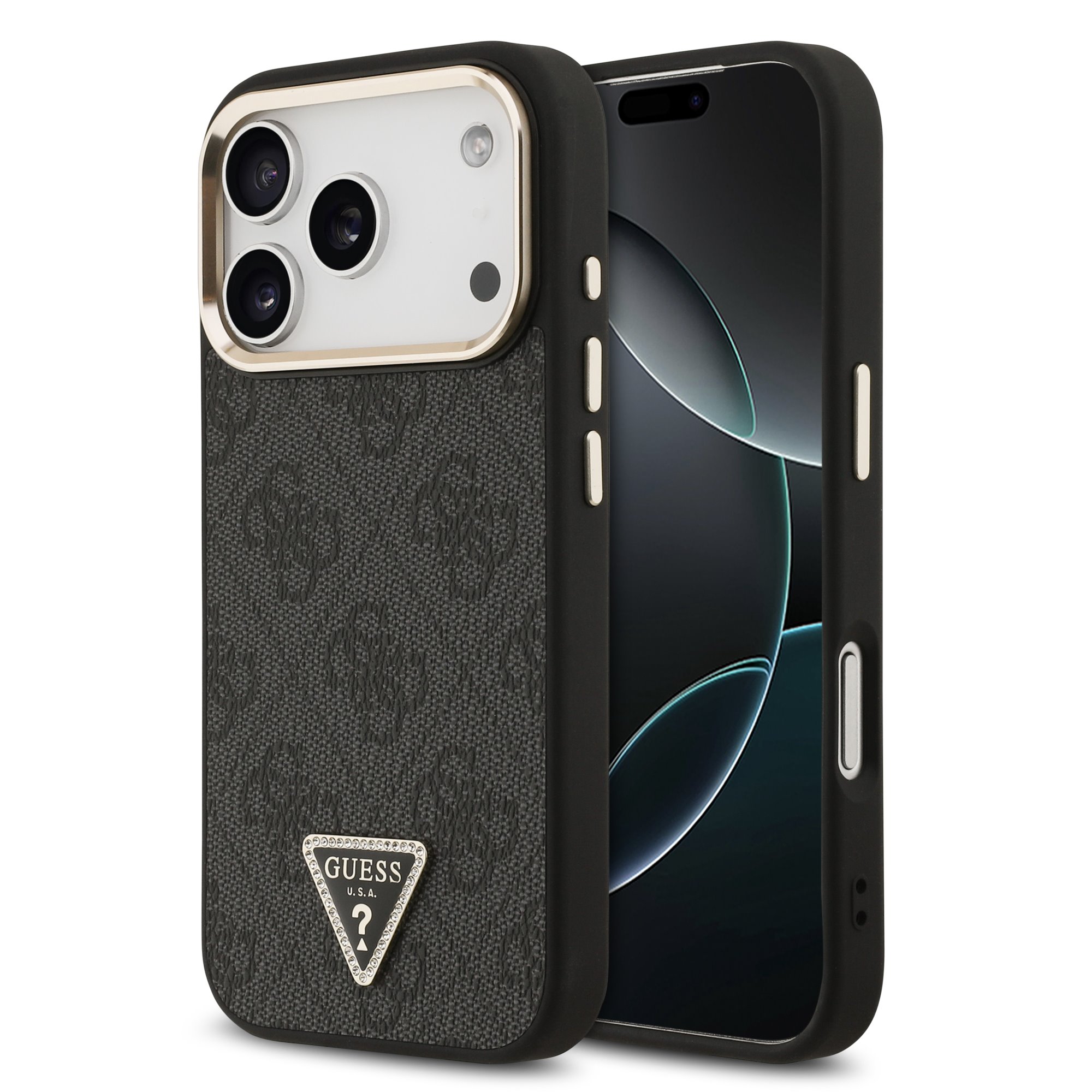 GUESS Калъф Apple iPhone 18 Pro, PU 4G Strass Triangle Logo Gold Frame MagSafe, черен - GUHMP18LP4GTDGMK