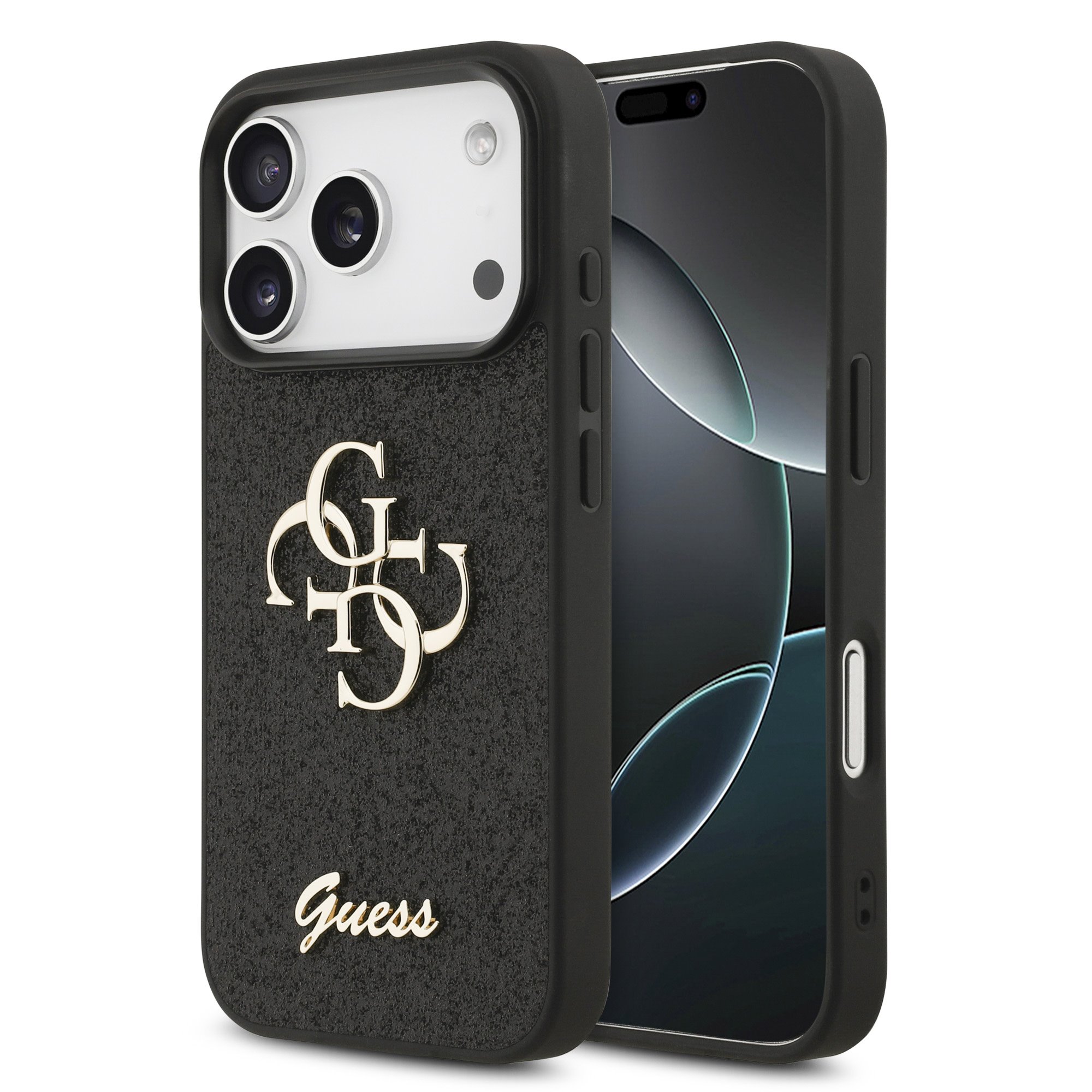 GUESS Калъф Apple iPhone 18 Pro Max, PU Fixed Glitter 4G Metal Logo, черен - GUHCP18XHG4SGK