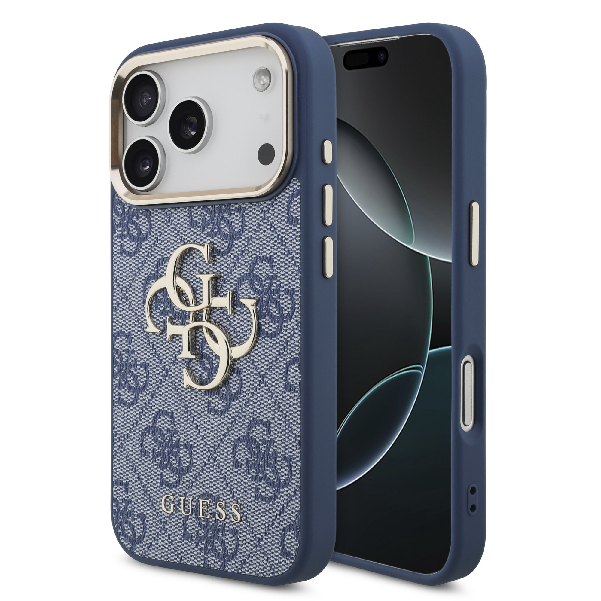 GUESS Калъф Apple iPhone 18 Pro, PU Leather 4G Metal Logo Gold Frame /син/ - GUHCP18L4GMGCBL