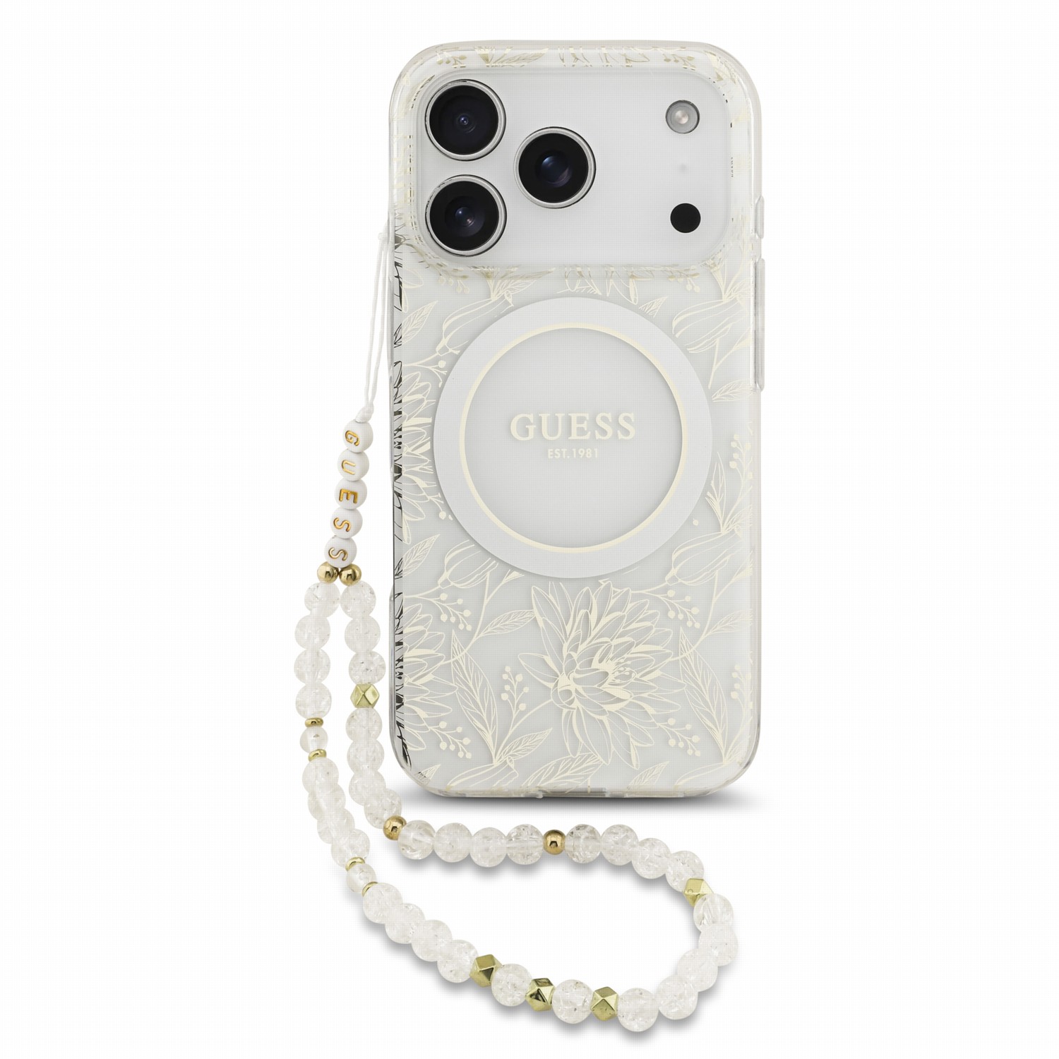 GUESS Калъф Apple iPhone 18 Pro Max, IML Flowers Allover MagSafe + Wrist Strap /бял/ - GUHMP18XHCPOFPH