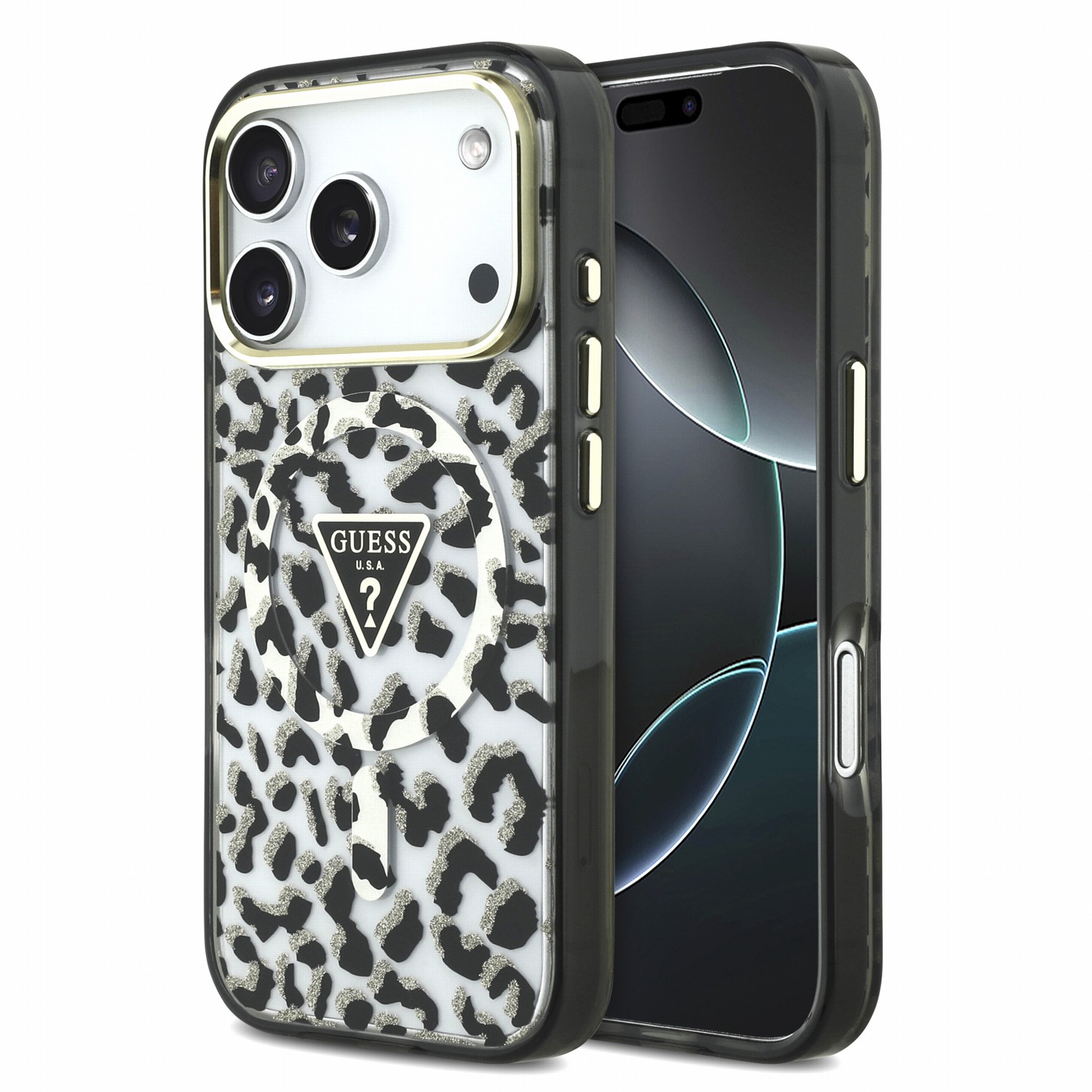 GUESS Калъф Apple iPhone 18 Pro Max/ 17 Pro Max, IML Glitter Leopard Triangle Logo MagSafe /черен/ - GUHMP18XHLEGTGLK