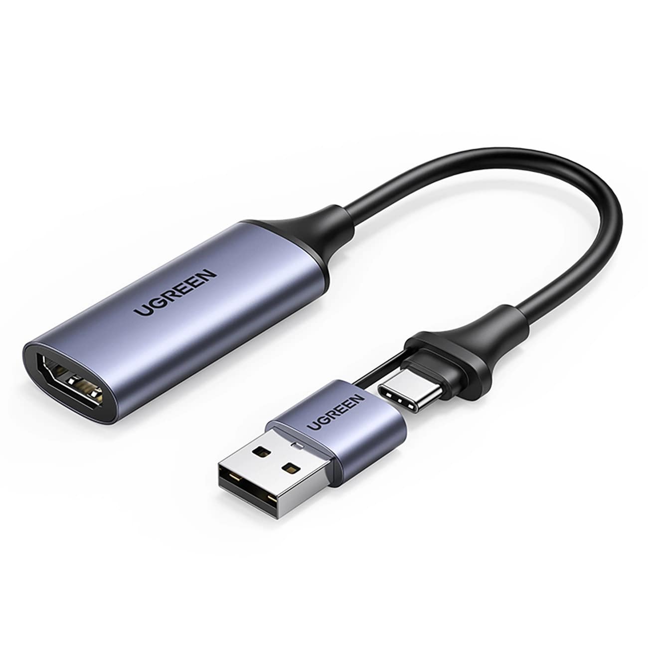 UGREEN Преходник Адаптер 2-в-1 от USB-A + USB-C към HDMI, Video capture card /сив/ - CM716 / 25854