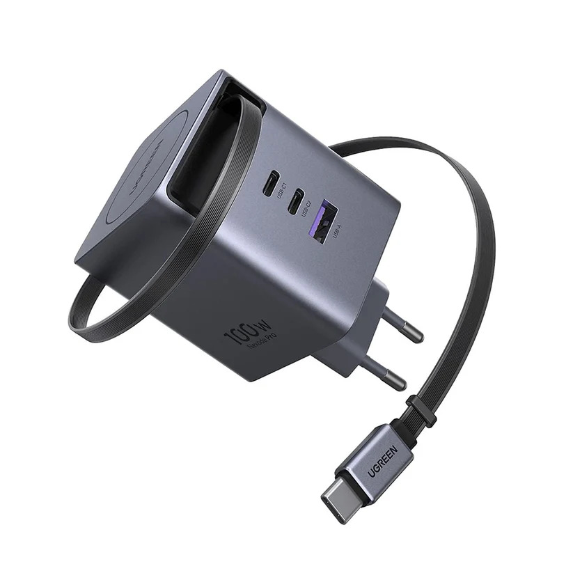 UGREEN 220V 100W, USB-A + 2xUSB-C, вграден кабел Type-C - Type-C, GaN /сив/ - X616 / 65828