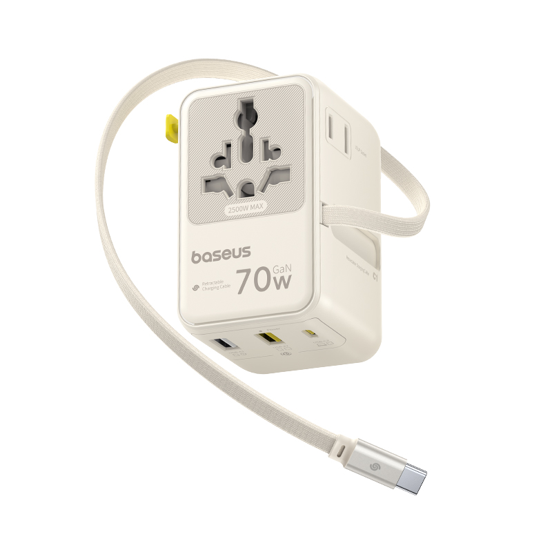 BASEUS Преходник от/към всички стандарти + ЗУ 220V 70W, 2A + 1C+ 2AC + Вграден кабел C, EnerCore CG11 /off-white/ - E0123500