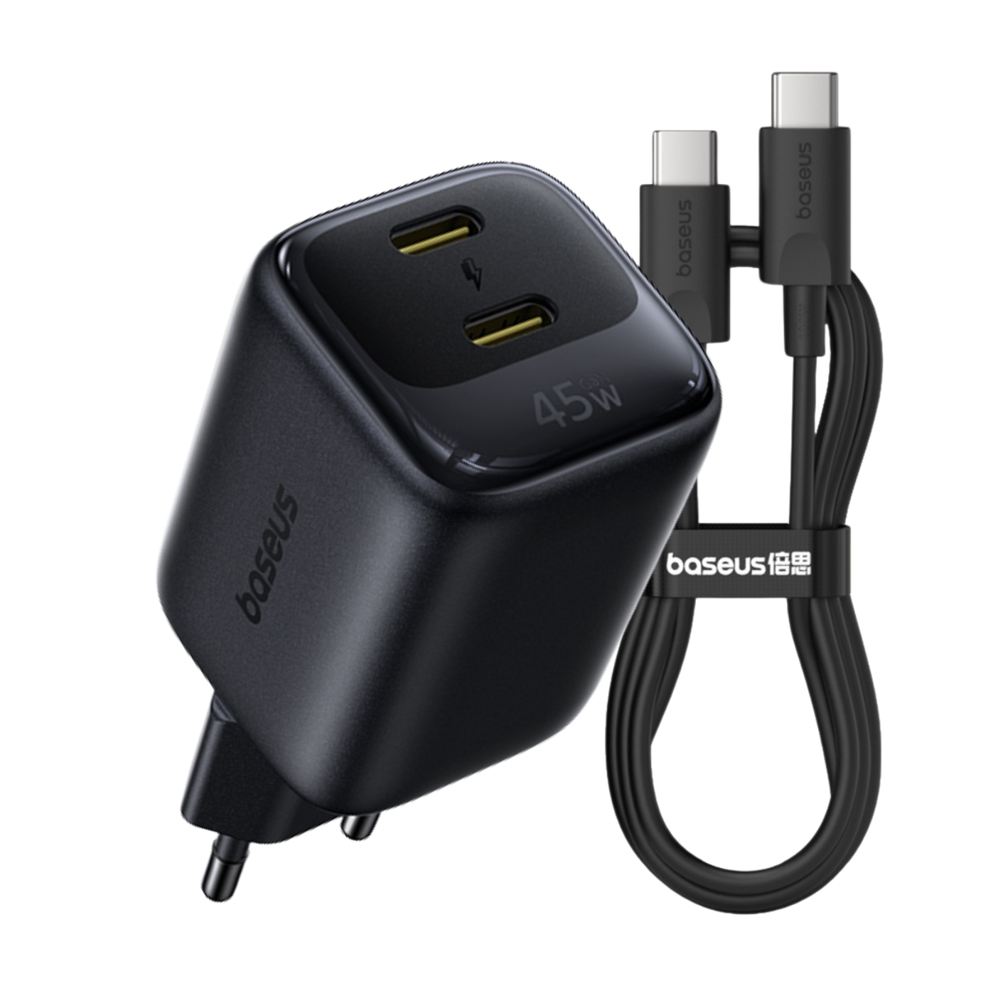BASEUS 220V 45W, GaN6, 2 x USB-C + кабел Type-C- Type-C, EnerFill FE22 /черен/ - E0125702