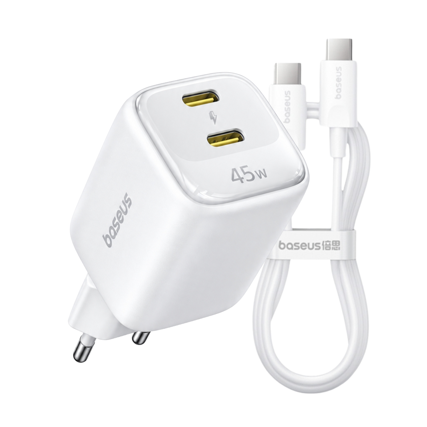 BASEUS 220V 45W, GaN6, 2 x USB-C + кабел Type-C- Type-C, EnerFill FE22 /бял/ - E0125703