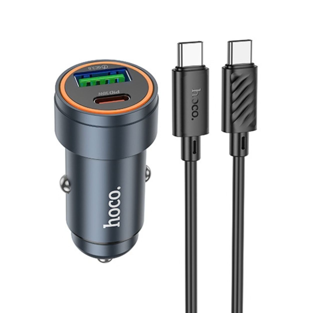 HOCO 12V 30W, USB-A + USB-C + кабел Type-C -Type-C, Glorious /сив/ - Z57А