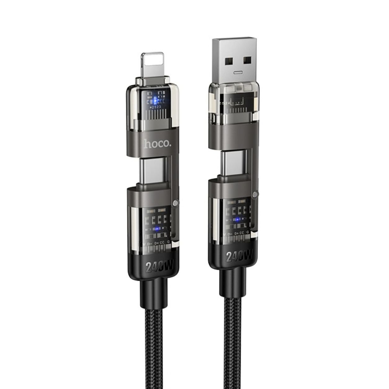 HOCO Кабел 4-в-1 USB-A+Type-C към Type-C+Lightning, 1м, 240W /черен/ - U151