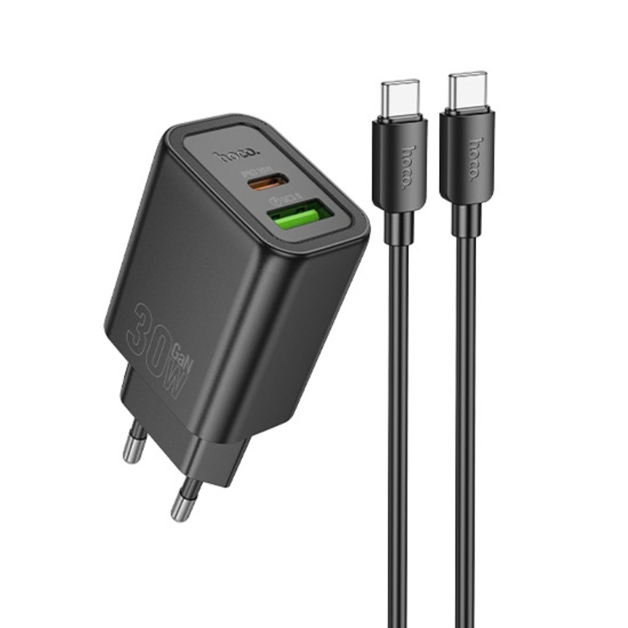 HOCO 220V 30W, GaN, USB-A + USB-C + кабел Type-C - Type-C, Gentle /черен/ - N63