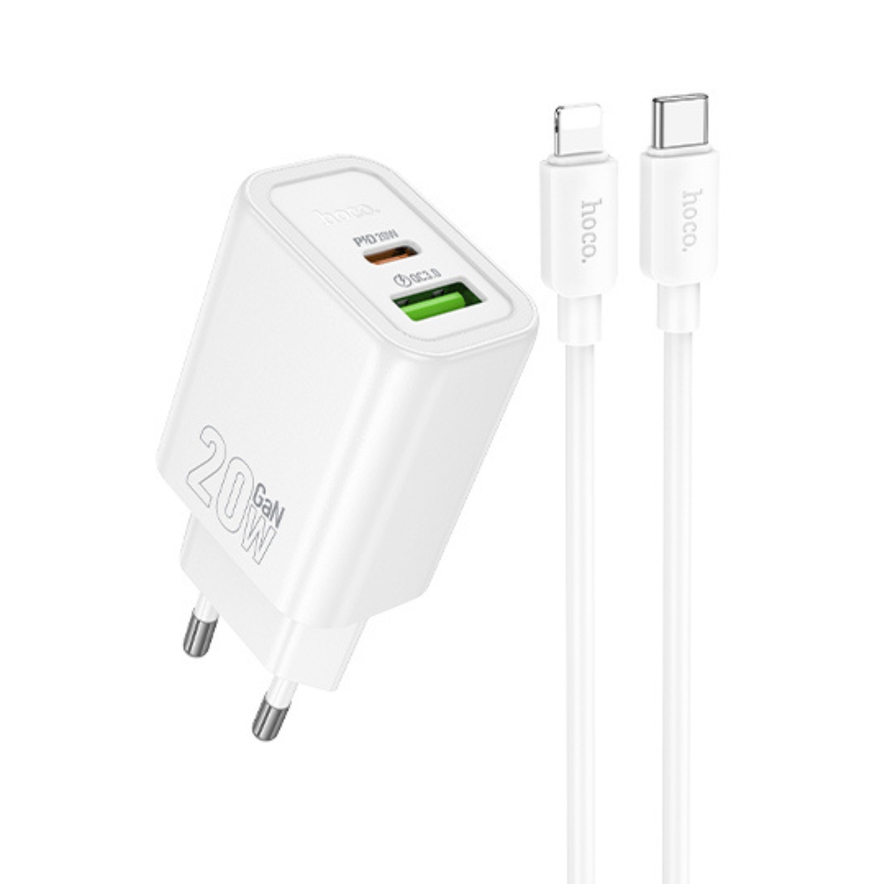 HOCO 220V 20W, GaN, USB-A + USB-C + кабел Type-C - Lightning, Gentle /черен/ - N61
