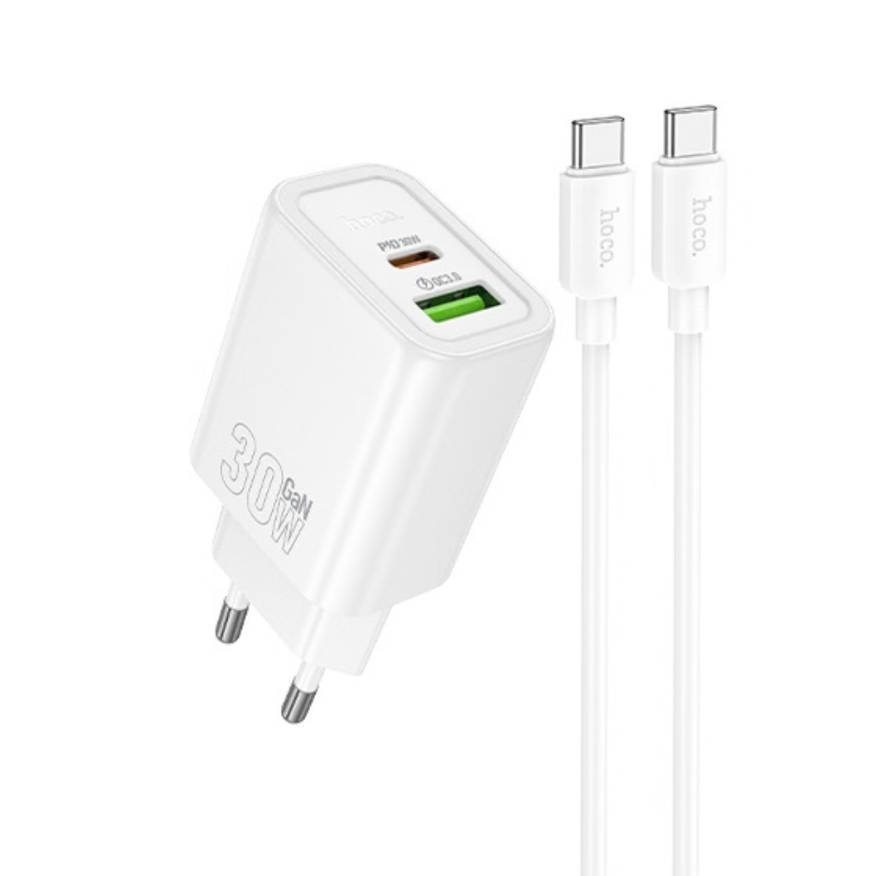 HOCO 220V 30W, GaN, USB-A + USB-C + кабел Type-C - Type-C, Gentle /бял/ - N63
