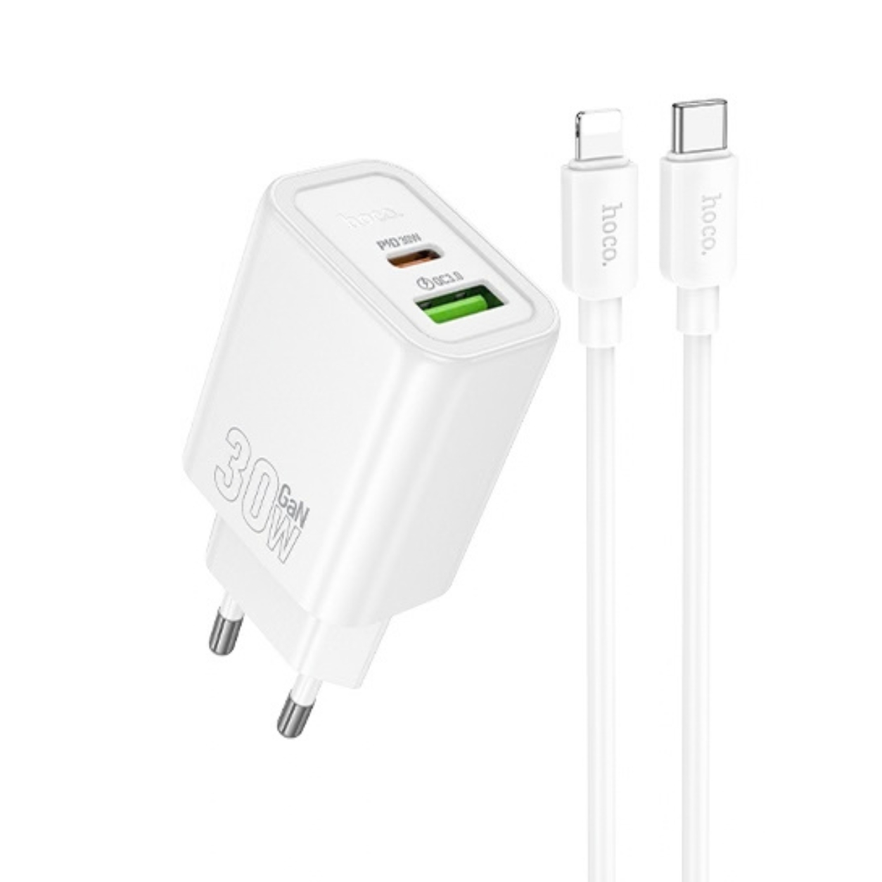 HOCO 220V 30W, GaN, USB-A + USB-C + кабел Type-C - Lightning, Gentle /бял/ - N63
