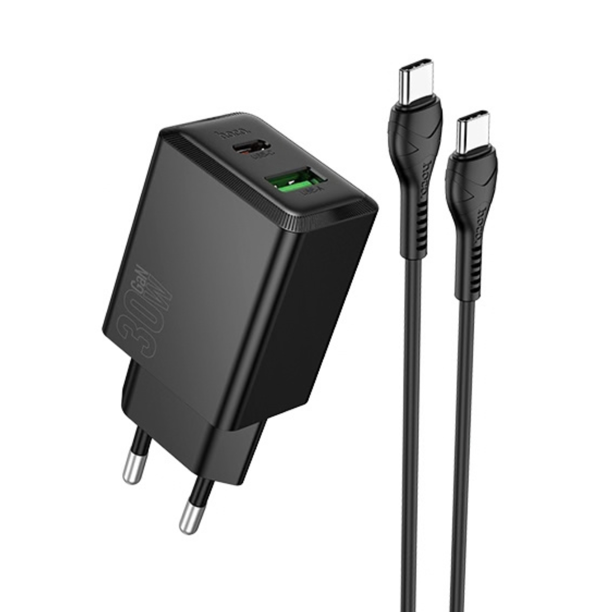 HOCO 220V 30W, GaN, USB-A + USB-C + кабел Type-C - Type-C, Nuevo /черен/ - N71