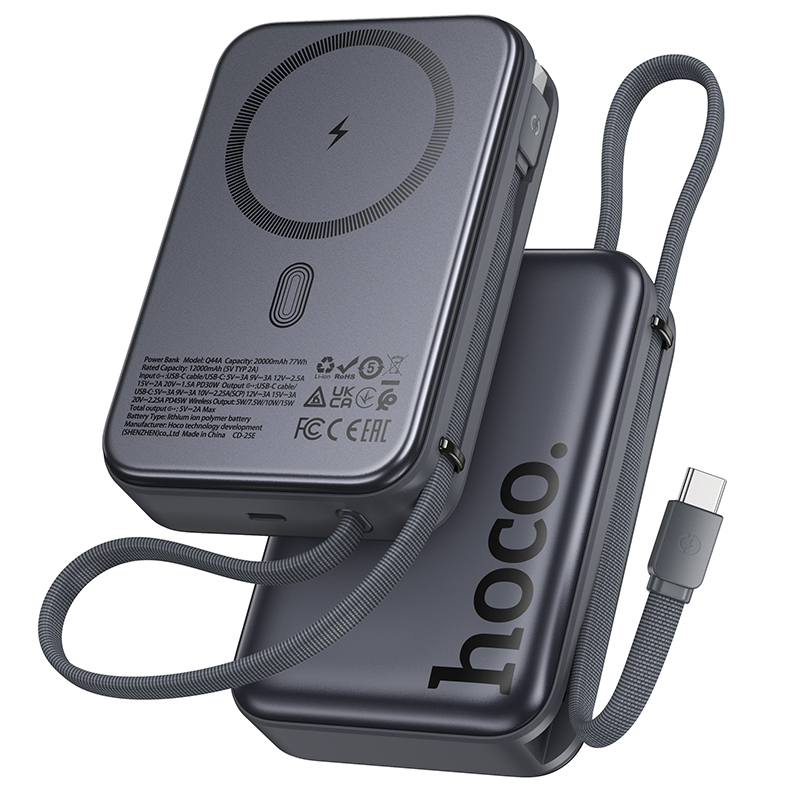HOCO Power Bank 20000 mAh 45W, вграден кабел Type-C, Magnetic Origen /сив/ - Q44A