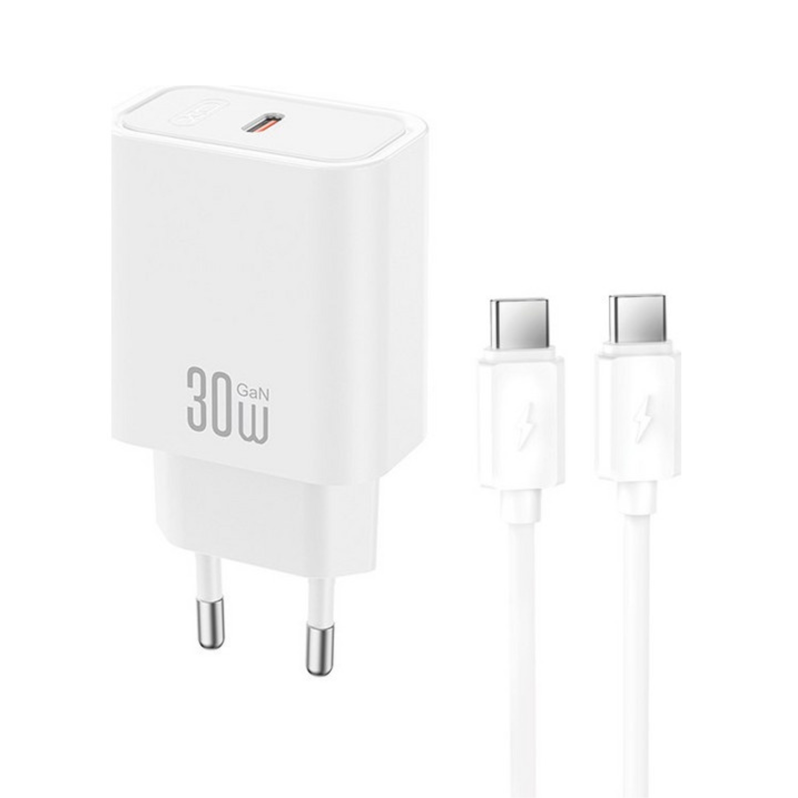 XO 220V 30W, USB-C + кабел Type-C - Type-C, GaN, EU сертифицирано /бял/ - CE41