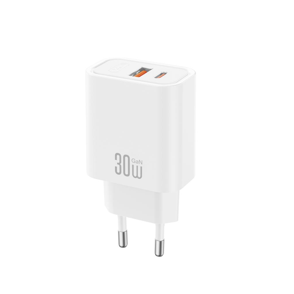 XO 220V 30W, USB- A + USB-C, GaN, EU сертифицирано /бял/ - CE42